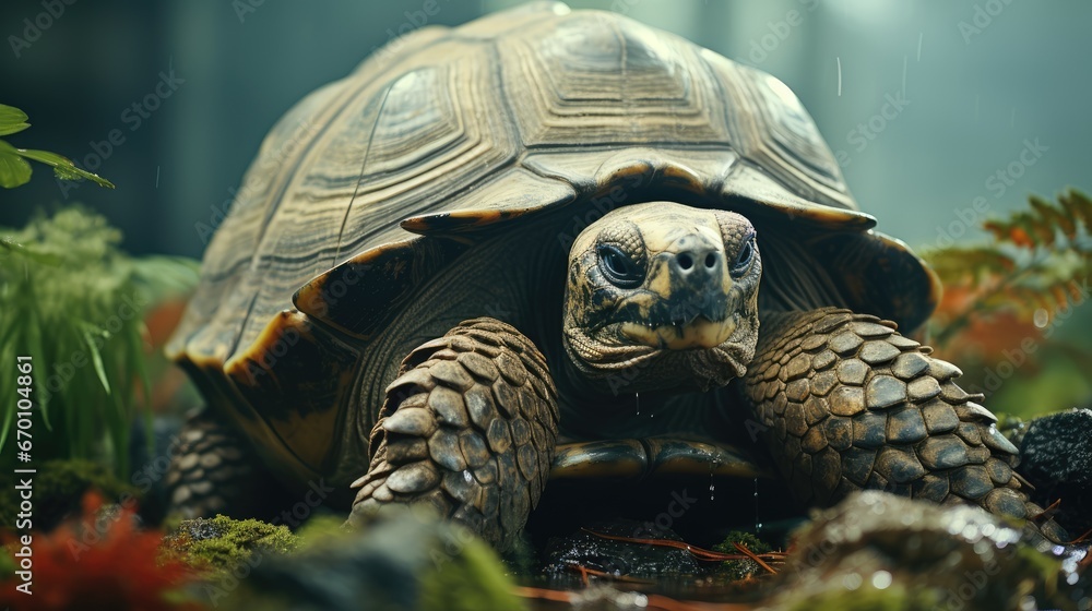 Poster a close up of a tortoise in a field of grass and flowers with rain falling down on it's head and the