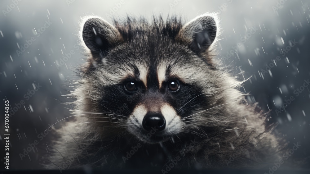 Poster a raccoon looking at the camera with a blurry image of it's face and a blurry background of snow fle