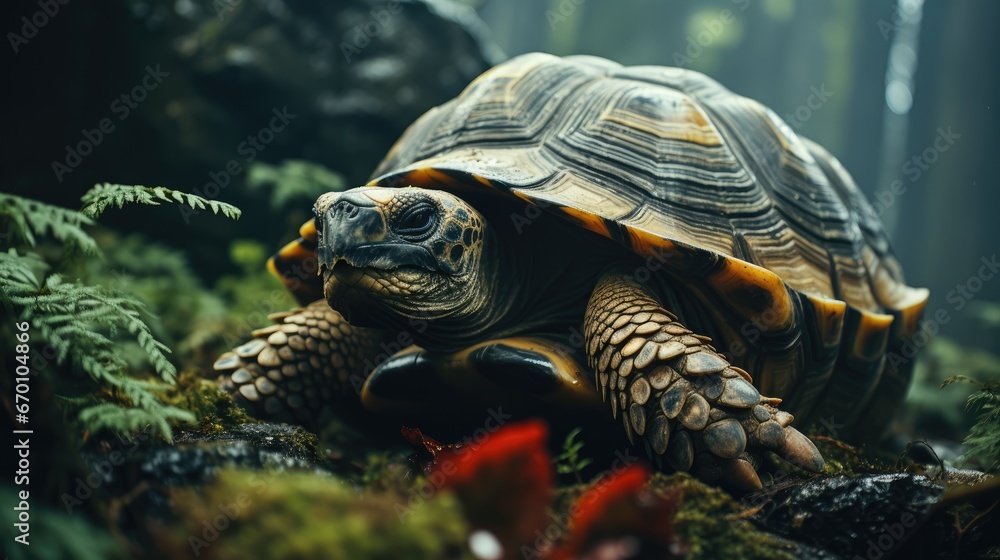 Poster a close up of a tortoise on the ground with plants and rocks in the background and a light shining o