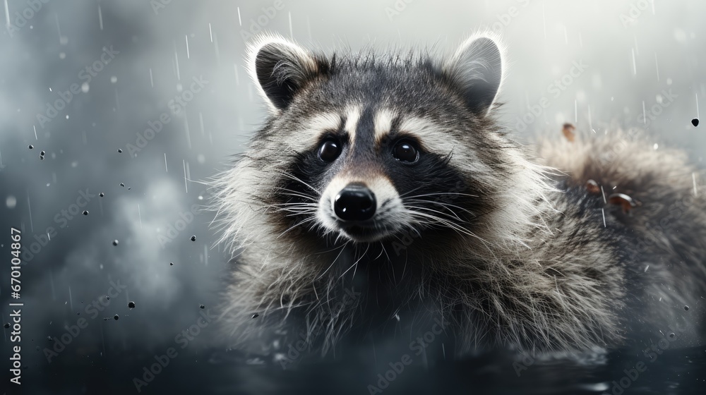 Poster a raccoon is standing in the rain and looking at the camera with a sad look on it's face as it stand
