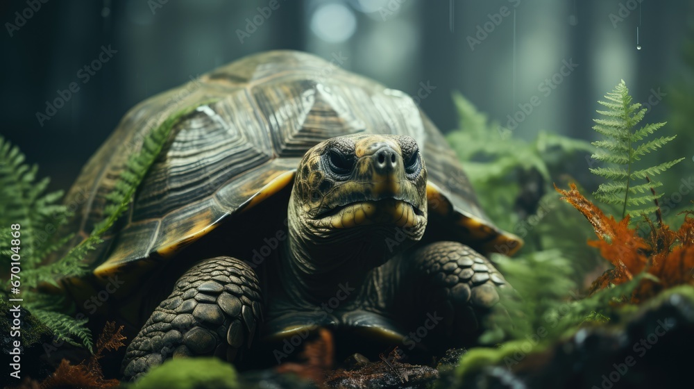 Poster a close up of a turtle in a field of grass and plants with a rain falling down on it's head and the 