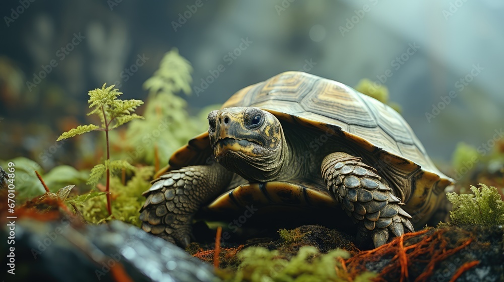 Poster a close up of a tortoise in a field of grass and plants with a blurry background of rocks and grass,
