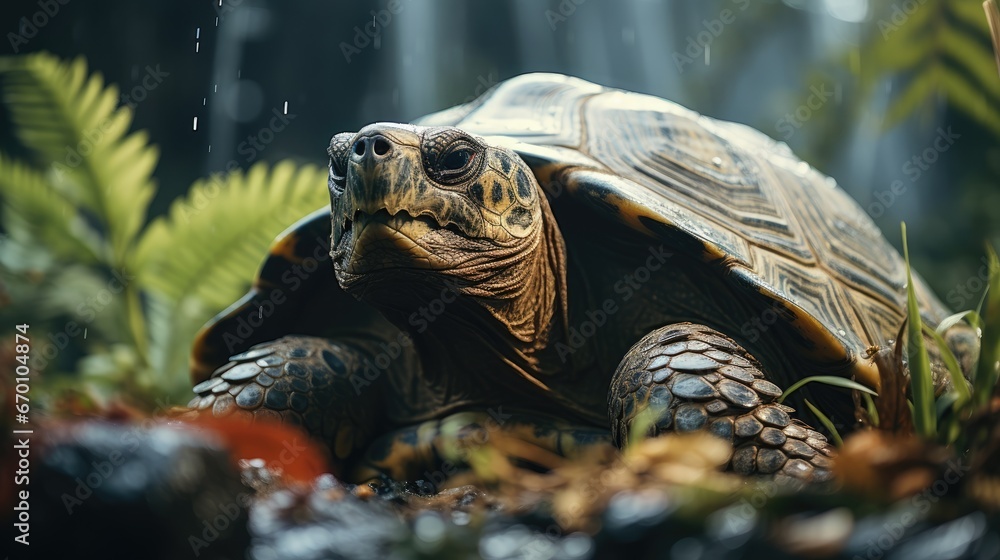 Poster a close up of a tortoise in a field of grass and plants with rain falling down on it's head and the 