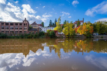 Fototapeta premium Lusatian Neisse River between Zgorzetec City of Poland and Gorlitz City of Germany