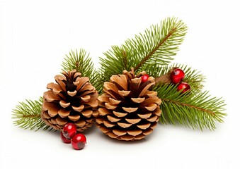Two pine cones with red berries on a white background