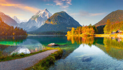 amazing autumn sunrise of hintersee lake picturesque morning view of bavarian alps on the austrian border germany europe beauty of nature concept background - obrazy, fototapety, plakaty