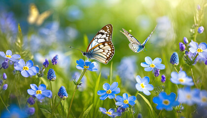 a beautiful summer or spring meadow with two flying butterflies and blue flowers of forget me nots selective focus shallow depth of field illustration