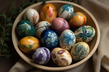Fototapeta na wymiar Easter eggs in a basket - Generative AI 