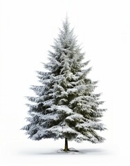 A snow-covered pine tree on a white background