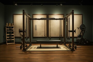 Dim exercise area with weight rack, mat, and empty frames. Generative AI - obrazy, fototapety, plakaty