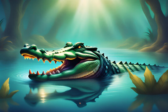 Crocodile in the swamp. 3D render illustration. Generative AI