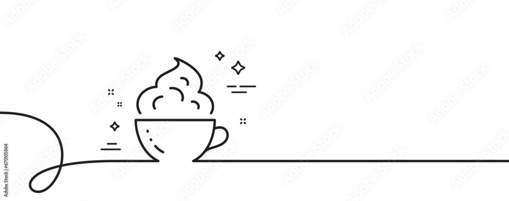 Poster coffee cup line icon. continuous one line with curl. hot cappuccino with cream sign. tea drink mug s