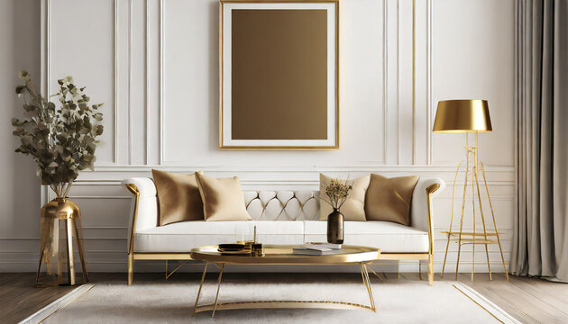 blank picture frame on a wall for showcasing art in an elegant and luxury all white living room with gold accents