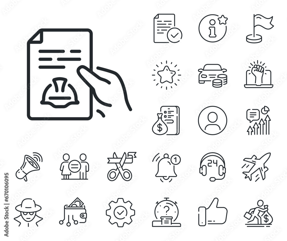 Poster technical documentation sign. salaryman, gender equality and alert bell outline icons. engineering l