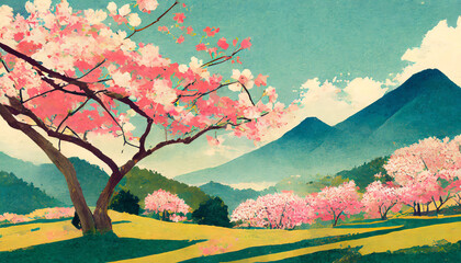 ai generated ai generative vintage retro traditional japanese asian landscape background cherry blossom sakura tree flower mountain and outdoor nature minimal graphic art graphic art