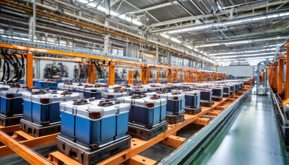 mass production assembly line of electric car battery cells in a busy factory - obrazy, fototapety, plakaty