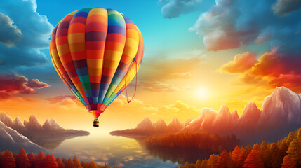 Obraz premium Colorful Hot Air Balloon Soaring Through the Sky Creating a Vibrant Aerial Scene