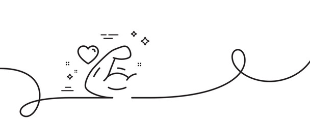 Strong arm line icon. Continuous one line with curl. Strength muscle sign. Gym fit training symbol. Strong arm single outline ribbon. Loop curve pattern. Vector