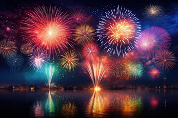 Night of celebration with beautiful colorful fireworks, night sky of festivals time, Happy new year with vivid firework exploding background, abstract anniversary with pyrotechnics scene.