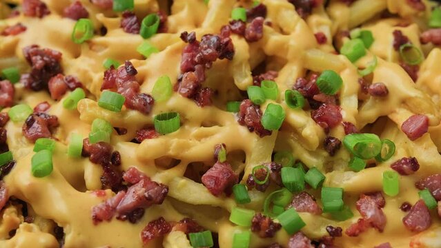 Crispy French fries loaded with bacon, cheese sauce and spring onion. Rotating video