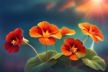 Nasturtium flowers on a background of blue sky with clouds. Generative AI