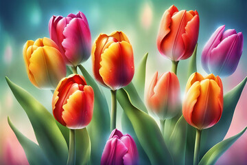 Spring flowers tulips. Floral background. Generative AI