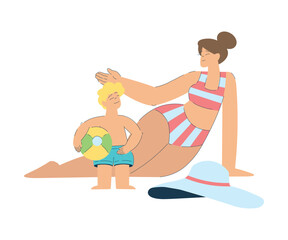 Vacation with Woman Mom and Son Together Enjoying Seaside Rest Vector Illustration
