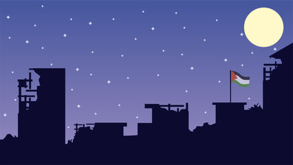 Palestine landscape vector illustration. Silhouette of destroyed city in the night with palestine flag. Palestine illustration for background, wallpaper, issue and conflict