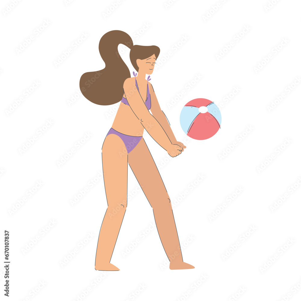 Sticker vacation with woman character playing ball enjoying seaside rest vector illustration