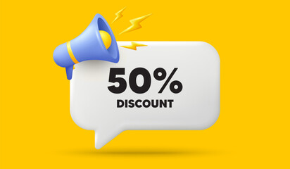 50 percent discount tag. 3d speech bubble banner with megaphone. Sale offer price sign. Special offer symbol. Discount chat speech message. 3d offer talk box. Vector