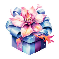 Gift box with purple flowers and leaves with bow Watercolor Clipart isolated on Transparent Background