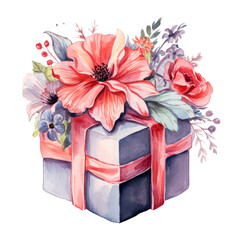 Gift box with purple flowers and leaves with bow Watercolor Clipart isolated on Transparent Background
