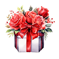 Gift box with red rose flowers and leaves with bow Watercolor Clipart isolated on Transparent Background