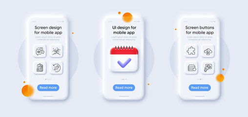 Accounting, Recovery tool and Voicemail line icons pack. 3d phone mockups with calendar. Glass smartphone screen. Startup concept, File storage, Lawyer web icon. Vector