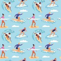 Cartoon surfers seamless pattern. Happy people dissect sea waves on boards. Summer vacation. Beach extreme sport athletes with surfboards. Surfing men and women. Garish vector background