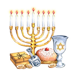 Hanukkah menorah wiht candles. Watercolor Hanukkah. Happy Hanukkah. Hanukkah composition