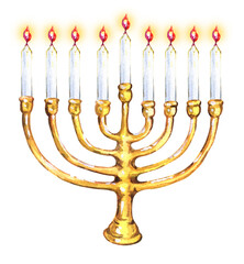 Hanukkah menorah with candles. Watercolor Hanukkah. Happy Hanukkah
