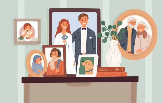 Family photos located on drawers chest. Framed portraits with happy parents, grandparents and kids. Relatives generations. Home interior. Wedding photographs. Garish vector concept