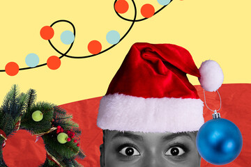 Creative collage picture of cropped head black white colors girl santa hat christmas wreath tree toys lights decor isolated on beige background