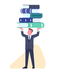 Fototapeta premium Knowledge is power. Businessman holds stack of books above him. Business education. Studying literature for office employee. Man learning textbooks. Career improvement. Vector concept