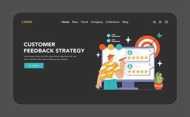 Customer feedback web banner or landing page dark or night mode. Consumer reviews. Sharing assessment of a purchased goods in social media blog, leaving a comment. Flat vector illustration