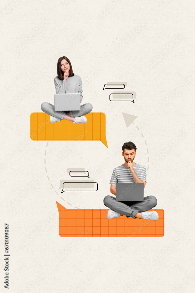 Aufkleber vertical creative composite photo collage of colleagues sit with laptop at distance work solving tas