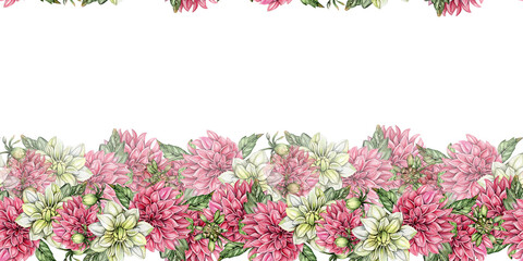 Watercolor dahlia flowers seamless horizontal background. Blooming flower garden. Design for baby...