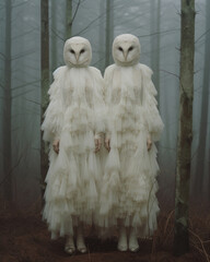 Generative ai two creepy figures standing in misty foggy woods