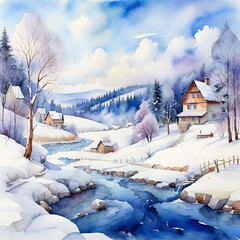 Watercolor Winter Village