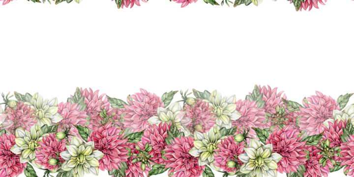 Watercolor dahlia flowers seamless horizontal background. Blooming flower garden. Design for baby shower party, birthday, cake, holiday celebration design, posters, greetings card, invitation.