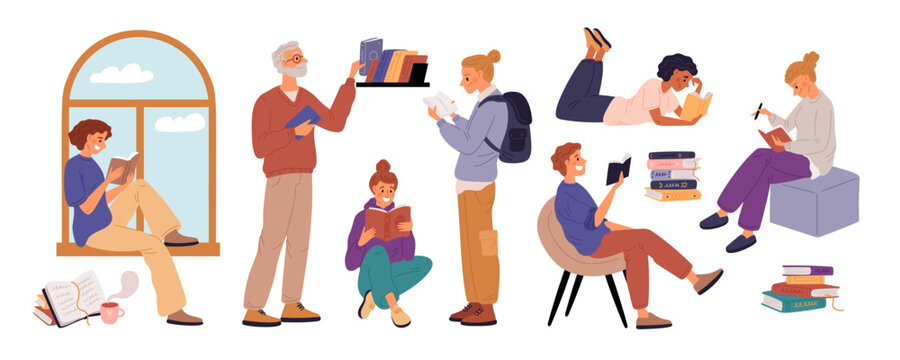 People read books. Students with literature volumes in hands. Readers in library. School education. Smart children learning textbooks and preparing for examination. Garish vector set