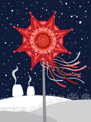 Christmas carol. Illustration of the decorative Christmas star of Bethlehem on the winter rural landscape background