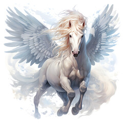The image depicts a pegasus, a mythical creature from ancient Greek mythology, with angel wings and the head of a horse. The pegasus is in motion, galloping 