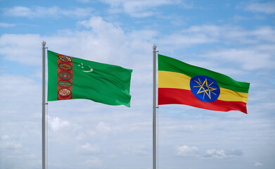 Ethiopia and Turkmenistan flags, country relationship concept